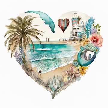 Retro Beach Heart Watercolor. generate by ai