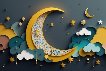 Ramadan Kareem paper cut composition with gold crescent moon, stars and clouds. 