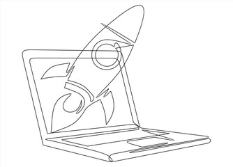 one line drawing of laptop computer with rocket launch as business concept of startup