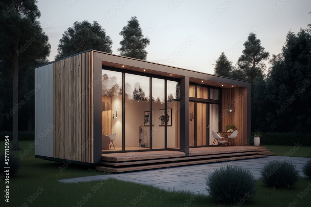 Wall mural Small Modern Rectangular House In Forest. AI Generated. 3D Illustration.