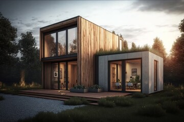 Small Modern House In Forest. AI Generated. 3D Illustration.
