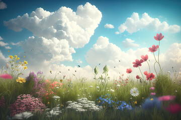 spring meadow with flowers and butterflies, generative ai