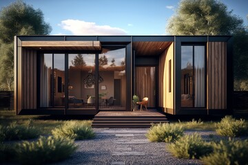 Small Modern Rectangular House In Forest. AI Generated. 3D Illustration. - obrazy, fototapety, plakaty