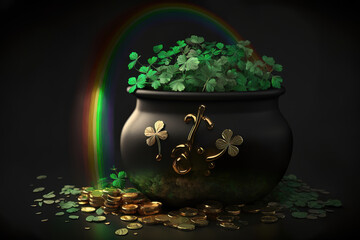 pot of gold with rainbow an shamrocks, st patrick's day, generative ai