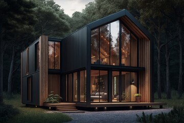 Small Modern House In Forest. AI Generated. 3D Illustration.