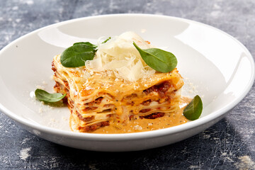 lasagna with sauce on the white plate