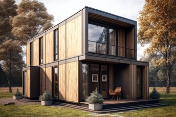 Small Modern House In Forest. AI Generated. 3D Illustration.