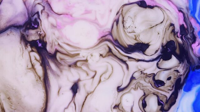 Dark purple dye flow in white paint marbling background. Pink, violet and blue colors mixing. Vibrant liquid swirls and waves. Pigments blending dynamic abstract texture