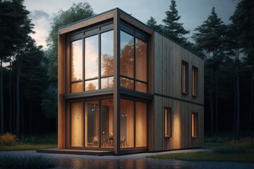 Small Modern Rectangular House In Forest. AI Generated. 3D Illustration.