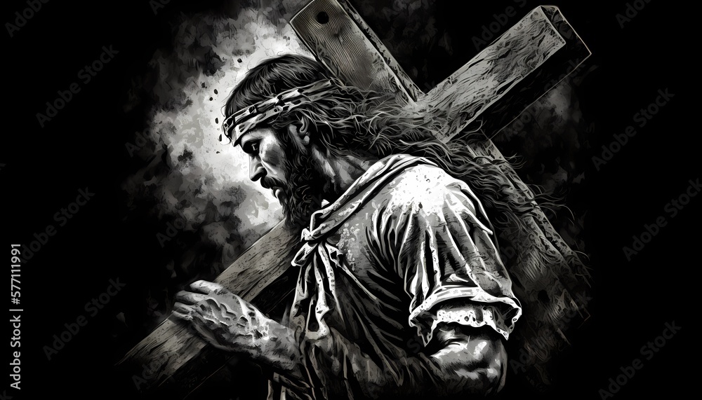 Wall mural black and white illustration, monochrome. jesus christ carries a big cross on his back