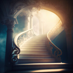 Stairway leading up to an ornate staircase in dark room. Generative AI.