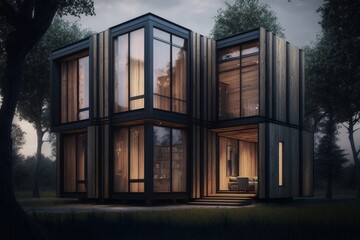 Small Modern House Of An Amazing Shape Of Different Squares. AI Generated. 3D Illustration.
