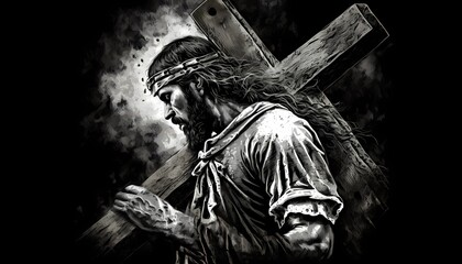 Black and white illustration, monochrome. Jesus Christ carries a big cross on his back