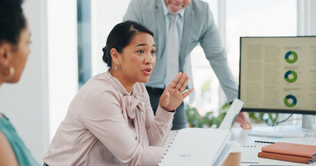 Business people, presentation and computer with woman, planning or graph for target, goal or kpi. Corporate executive team, leader and infographic vision on pc, marketing and motivation in New York