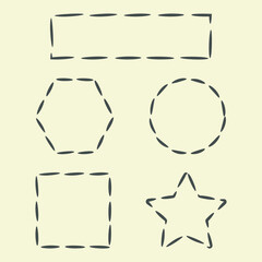 Frames outline set. Hand drawn decorative doodle ink stroke borders collection, dash line, circle, square, rectangle, triangle, star shapes for business cards, labels, web design