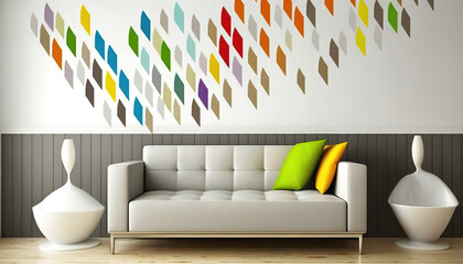 modern living room interior with sofa, colorful abstract wallpaper wall art design, generative ai
