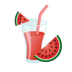 Glass of watermelon juice with straw and slice of  watermelon. Tasty fruit smoothie or tropical cocktail. Vector illustration cartoon flat icon isolated on white background.