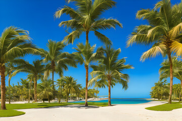 Fototapeta na wymiar Healthy fresh palm trees coastal resort background created with generative ai