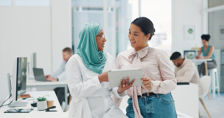 Business women, muslim or tablet in coworking office for web design planning, logo branding or...