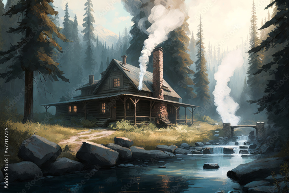 Canvas Prints cabin in the woods with steam coming out of the chimney. generative ai.