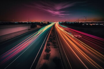 Traffic neon colorful light lamp long exposure city photography fast Made with Generative AI