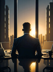 young businessman in suit sitting at sunrise sunset empty office background, new quality creative financial business stock image illustration design, Generative AI