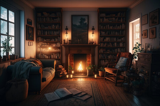 Living room with fireplace and bookshelves. Generative AI.