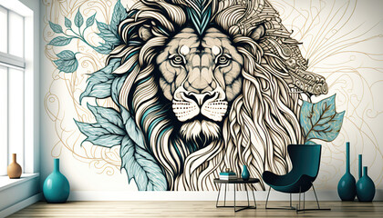 lion head tattoo style, colorful wallpaper design, interior art, generative ai