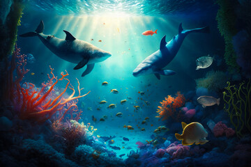 Naklejka na ściany i meble An underwater scene with two dolphins and corals. Generative AI.