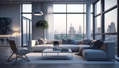 Modern living room with large windows overlooking the city. Generative AI.