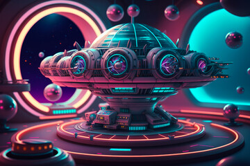 Fototapeta na wymiar An alien spaceship in futuristic room with neon lights. Generative AI.