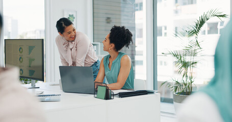 Business women, laptop or documents help for company kpi analytics, target audience research or...