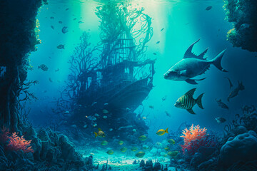 Fototapeta na wymiar An underwater scene with ship and fish. Generative AI.