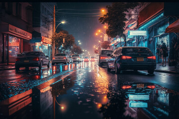 Fototapeta na wymiar City street at night with cars and rain. Generative AI.