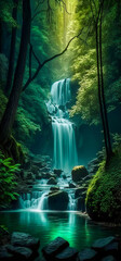 An image of waterfall in the woods. Generative AI.