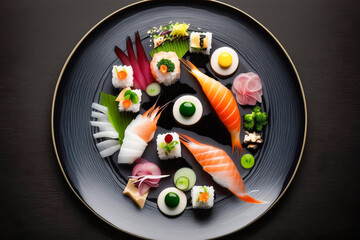 Black plate with sushi and other food on it. Generative AI.