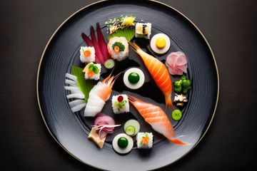 Fototapeten Black plate with sushi and other food on it. Generative AI. © valentyn640