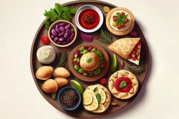 Fototapeta na wymiar Nutritious Mediterranean appetizer concept. Arabic traditional cuisine. Middle Eastern meze with pita, olives. Generative Ai