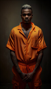 african prisoner in orange robe, fictional character, ai generated