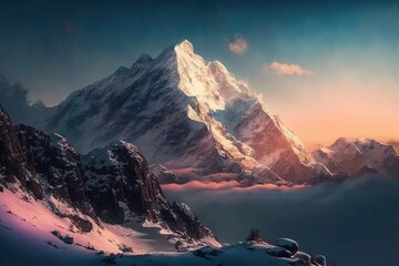 Beautiful mountains surrounded by clouds. Wildlife, Alps, snowy peak.