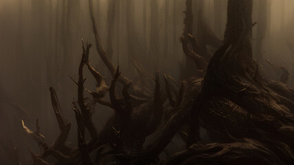 Broken Tree And Its Roots In The Misty Forest