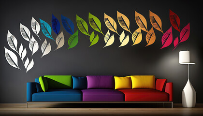 modern living room interior with beauticul colorful wall-art leaves design, generative ai