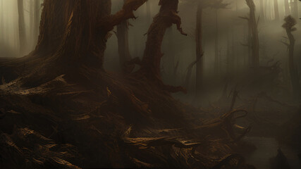 The Sharp Roots Of An Old Tree In The Misty Forest