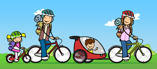 Family as cyclists on a bike tour in nature with a bike