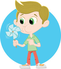 boy blows into the windmill and makes it spin