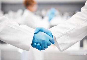 Doctor, shaking hands and gloves for safety in healthcare, partnership or trust for collaboration,...