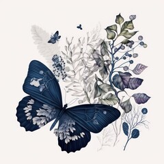 Beautiful vines flower with butterflies in vintage art style. Beautiful butterfly. Vintage art with digital art traditional style. Generative AI. 