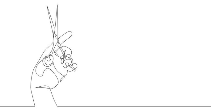 Animation of an image drawn with a continuous line. Hand holding scissors.