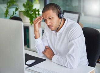 Headache, tired and call center man fatigue, stress and burnout in online, virtual service or...