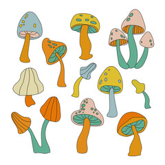 Collection with mushrooms in the Design style of the 70s. Cool trendy retro hipster psychedelic elements. Trend vector illustration.